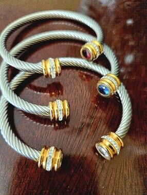 Cable Cuff Bracelets, Two-Tone Gold/Silver | Ruby, Sapphire And Diamond Crystals